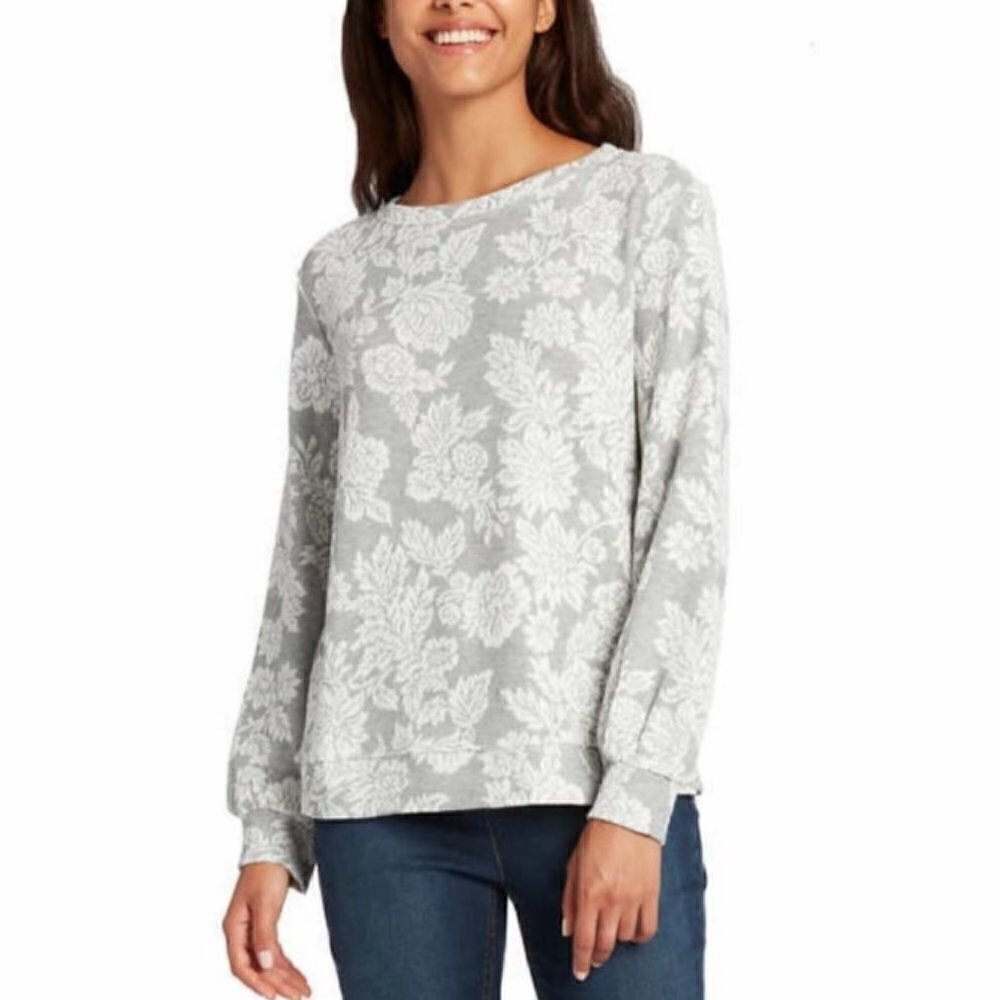 Ellen Tracey SZ M Gray & white floral soft comfy lightweight sweater athleisure